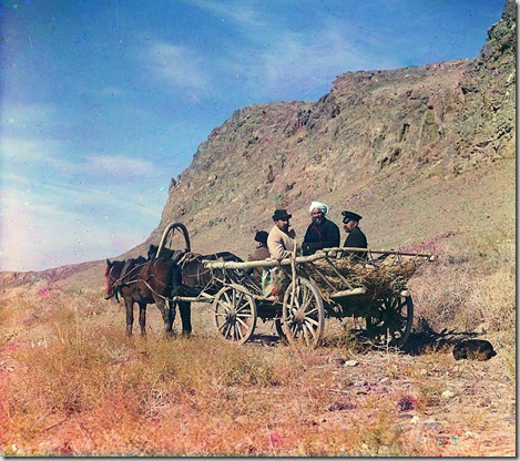 At work on the upper reaches of the Syr-Darya, Golodnaia Steppe, Four men on a horse-drawn cart, next to a cliff; between 1905 and 1915
Sergei Mikhailovich Prokudin-Gorskii Collection (Library of Congress).