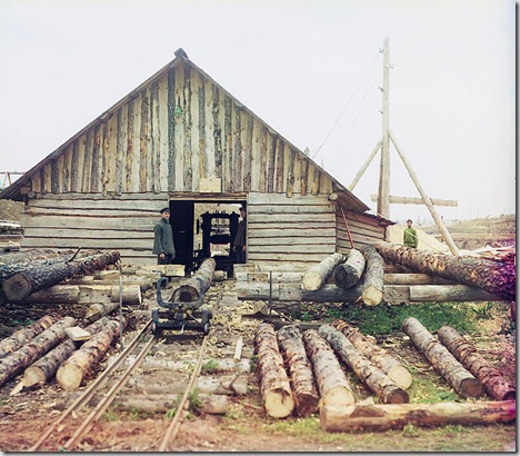 Sawmill, Oka River, Several men standing near a sawmill; 1912
Sergei Mikhailovich Prokudin-Gorskii Collection (Library of Congress).