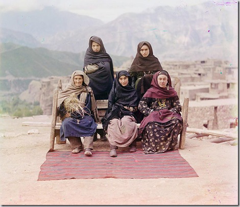 Dagestani types, Group of women posed outdoors; between 1905 and 1915
Sergei Mikhailovich Prokudin-Gorskii Collection (Library of Congress).