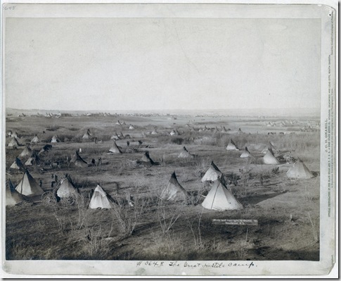 Title: The Great Hostile Camp
Bird's-eye view of a Lakota camp (several tipis and wagons in large field)--probably on or near Pine Ridge Reservation. 1891.
Repository: Library of Congress Prints and Photographs Division Washington, D.C. 20540