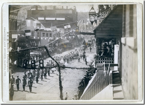 Title: People of Deadwood celebrating completion of a stretch of railroad
Street parade with numbers "1888" in foreground. 1888.
Repository: Library of Congress Prints and Photographs Division Washington, D.C. 20540