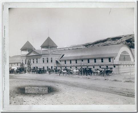 Title: "Hot Springs, S.D." Exterior view of largest plunge bath house in U.S. on F.E. and M.V. R'y
Large building with several horses and carriages in front. 1891.
Repository: Library of Congress Prints and Photographs Division Washington, D.C. 20540