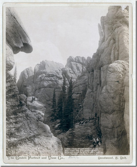Title: "Lake Harney Peaks," near Custer City, S.D., on B. & M. Ry
Close view of peaks; hikers sitting and standing on ridges. 1891.
Repository: Library of Congress Prints and Photographs Division Washington, D.C. 20540