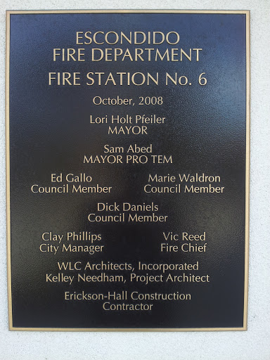City of Escondido Fire Station No. 6 Dedication Plaque