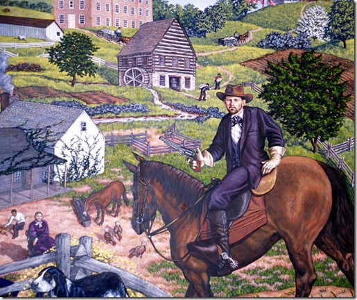 LIBERTY, Mo. - Detail of the central panel of a mural on the second floor of the Clay County Courthouse in Liberty, Mo., showing Jesse James with the James Family Farm in the lower left.