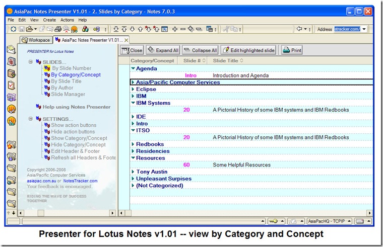 Presenter_for_Lotus_Notes_v1.01_view_by_Category_and_Concept