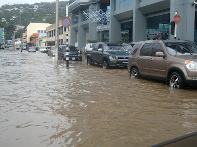 Flood waters rise in the capital Castries after heavy rains made roads impassable