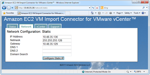 Amazon EC2 VM Import Connector for VMware vCenter static network configuration