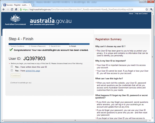 Australia.gov.au - final step of signup process