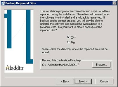 Aladdin HASP Monitor installer: backup request screen