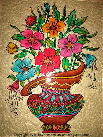glass Calligraphy  of   Colourful Art  Flowers basket  painting designs Glass  Painting