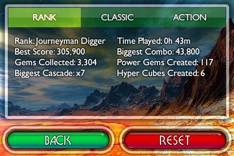 進入選單中的Scores可檢視自己的位階、遊戲時數、最高分、最大連鎖、蒐集寶石總數等資訊。