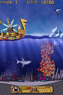 受到鮮魚滋味吸引的海鷗和鯊魚來爭食,儘早擺脫牠們免得Helga發怒吧! 受到鮮魚滋味吸引的海鷗和鯊魚來爭食,儘早擺脫牠們免得Helga發怒吧!