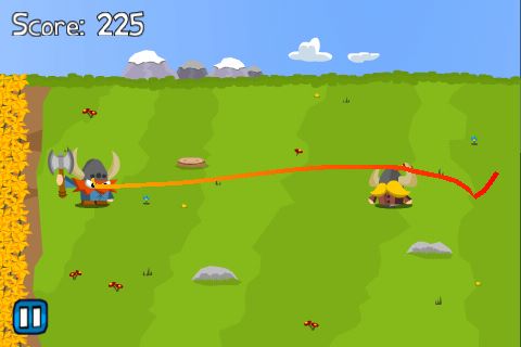 從紅鬍子身上開始畫一條線作為斧頭飛行的路線,只要手指離開螢幕,斧頭就會沿著線的軌跡飛去。 從紅鬍子身上開始畫一條線作為斧頭飛行的路線,只要手指離開螢幕,斧頭就會沿著線的軌跡飛去。