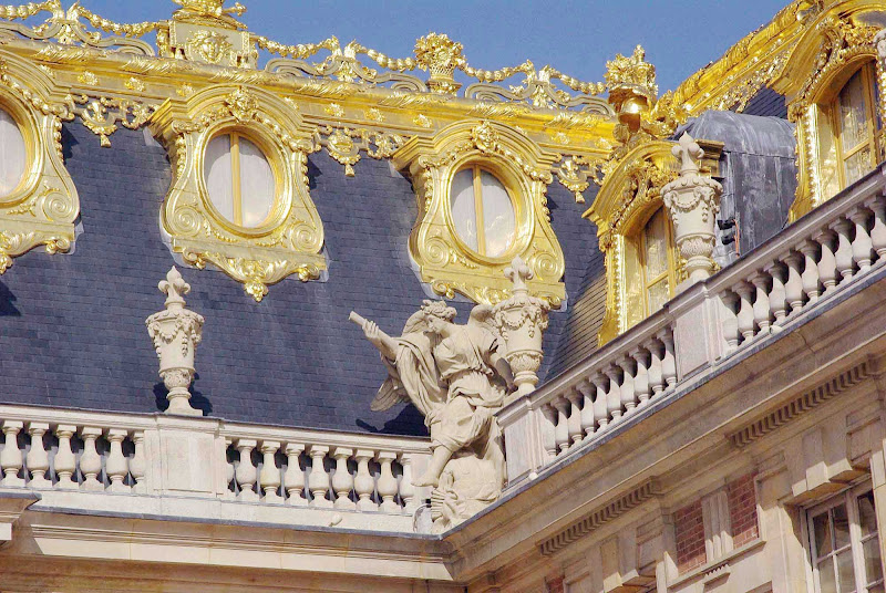 A corner detail of the 1700s ode to opulence, the Palace of Versailles in France.