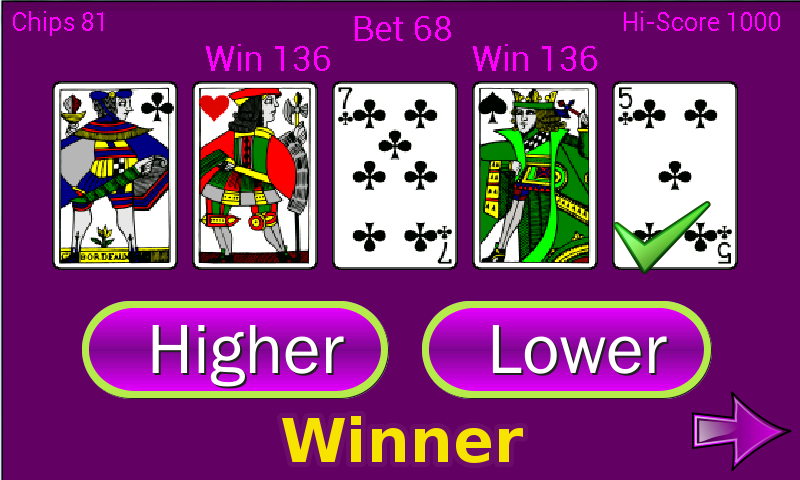 Higher or Lower Pro card game Screen 3