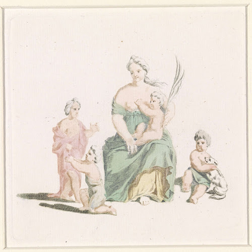 Vrouw met kind op schoot en palmtak in de hand, anonymous, 1688 - 1698 ...