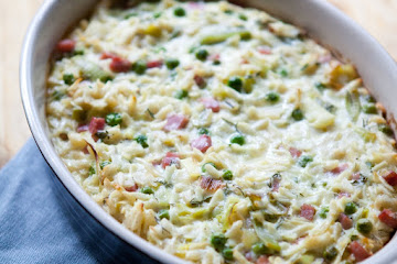 Recipe: Creamy Baked Orzo with Ham, Peas and Leeks
