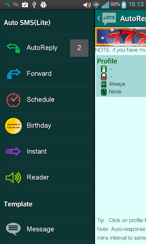 Android application Auto SMS Lite(Autoresponder) screenshort