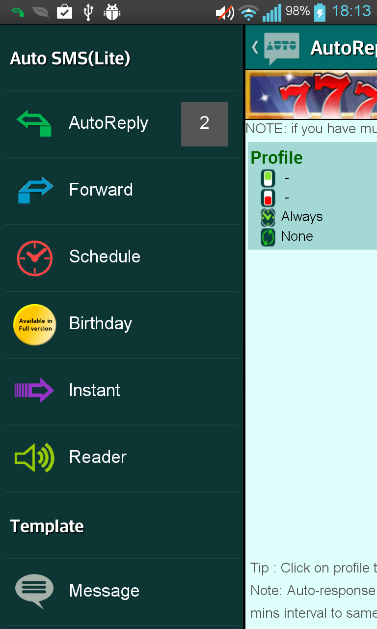 Auto SMS Lite(Autoresponder) Screen 1