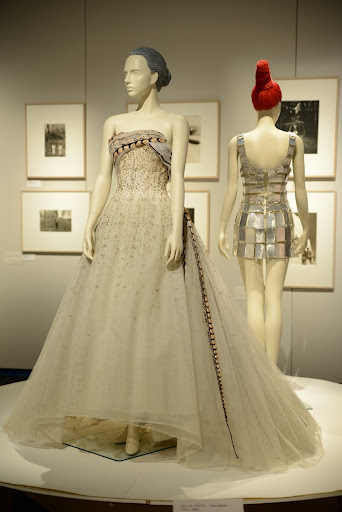 pierre balmain evening dress in pale pink satin and cream satin brocade with applied maple leaves