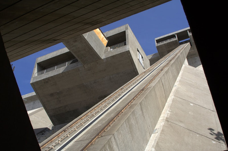 Looking up the dam funicular, which rides on top of a massive octagonal concrete water tube that feeds the turbines.