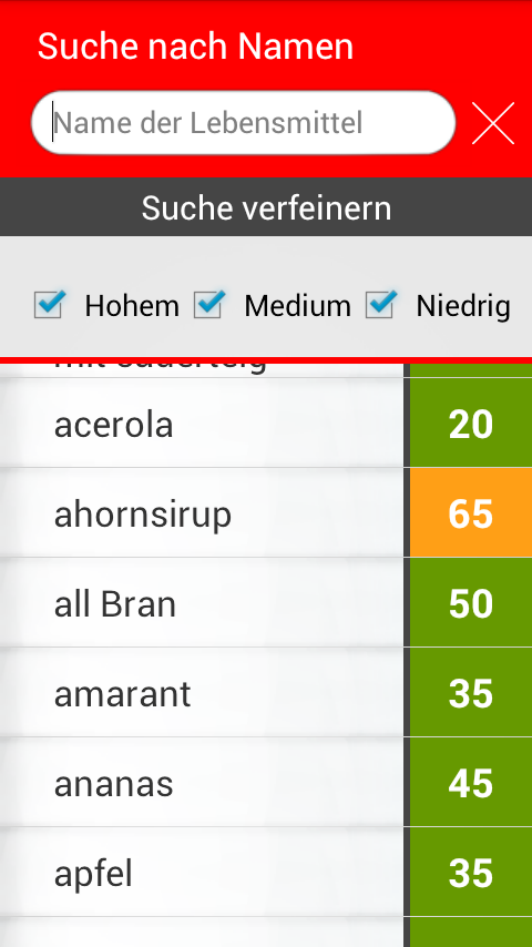Android application GI glycemic index Pro screenshort