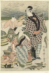 Gezicht op de vismarkt op het strand te Shiba