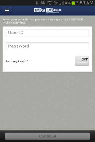 FNBT &amp; FCB Mobile Banking Screen 1