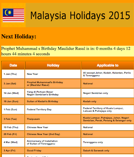 Malaysia Public Holiday 2015