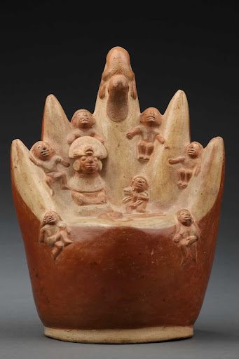 Sculptural ceramic ceremonial vessel that represents a scene of sacrifice in the mountains