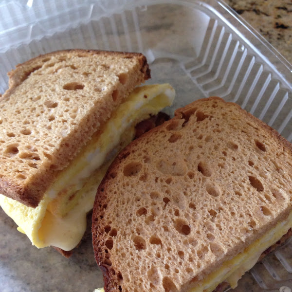 Breakfast sandwich (egg, cheese, bacon) with gluten free bread