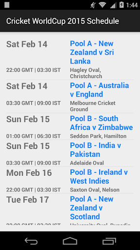 Cricket WorldCup 2015 Schedule