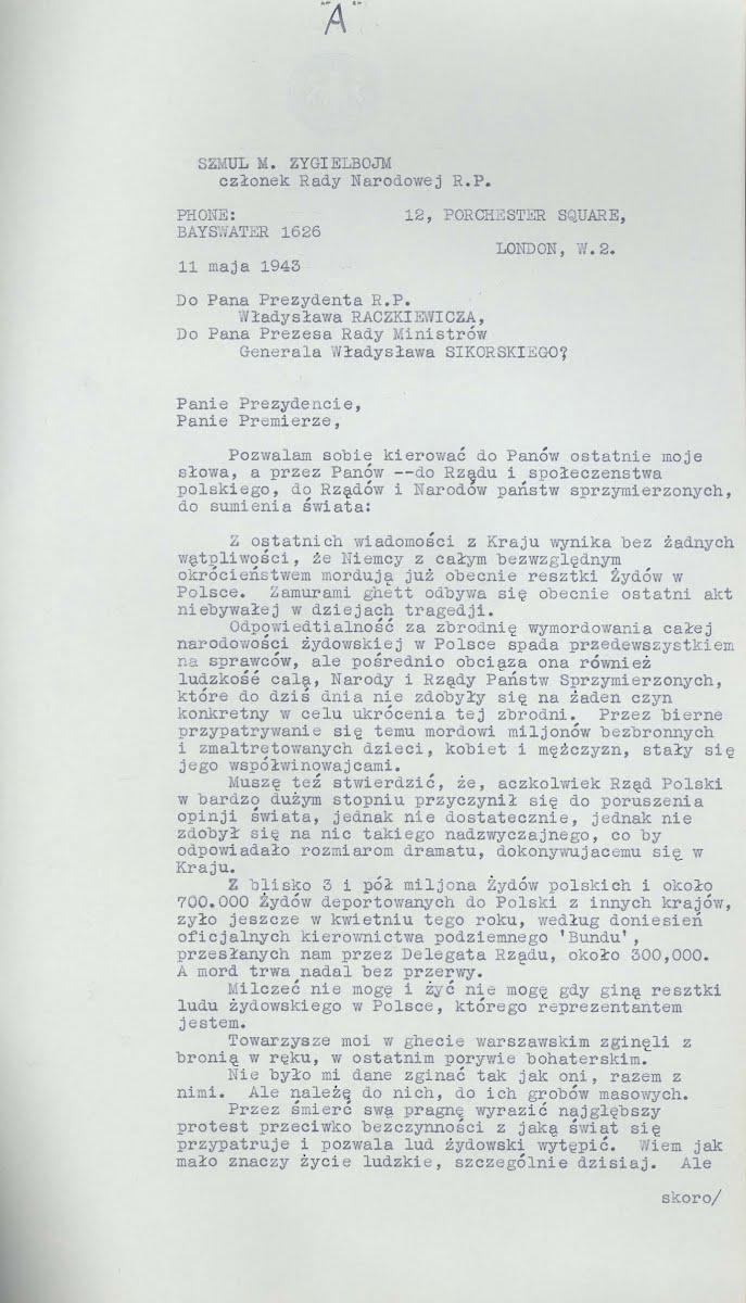 Szmul Zygielbojm’s farewell letter, May 11, 1943
