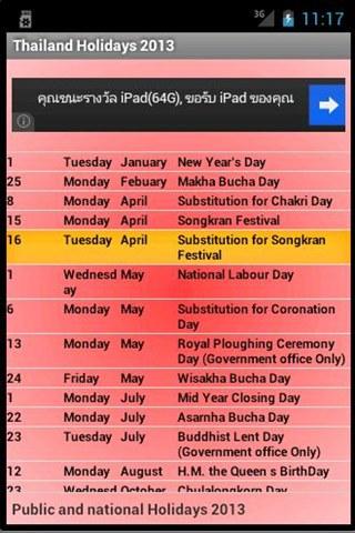 Thailand Public Holidays 2013