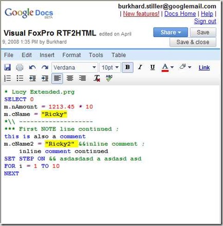 Editing VFP code online with Google Docs