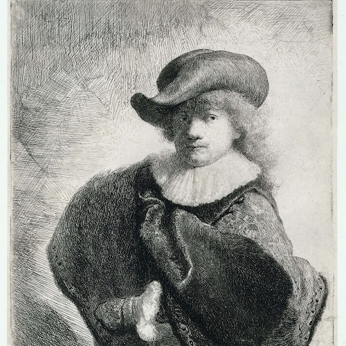 Kruis aan woordenboek moord Zelfportret met slappe hoed en bewerkte mantel, Rembrandt van Rijn, 1631 -  Rijksmuseum