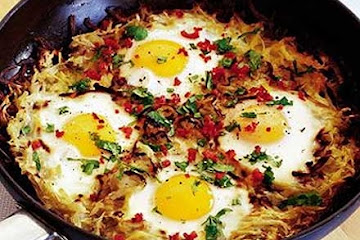 Potato cake with chilli eggs