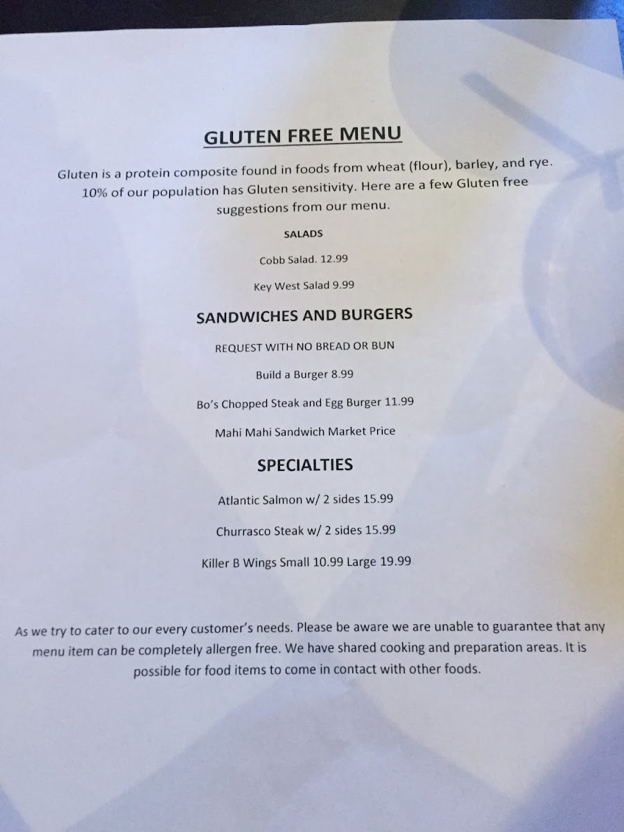 Bokamper's Sports Bar and Grill gluten-free menu