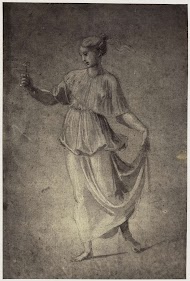 Fotoreproductie van een tekening van Rafaël, staande jonge vrouw met bloem