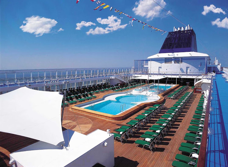 Norwegian Sky guests have plenty of space to sunbathe and lounge on deck, then jump into the pool for a   swim.