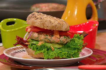 BLAST Burgers (Bacon, Lettuce, Avocado, Salmon and Tomato Burgers with Sriracha Aioli)
