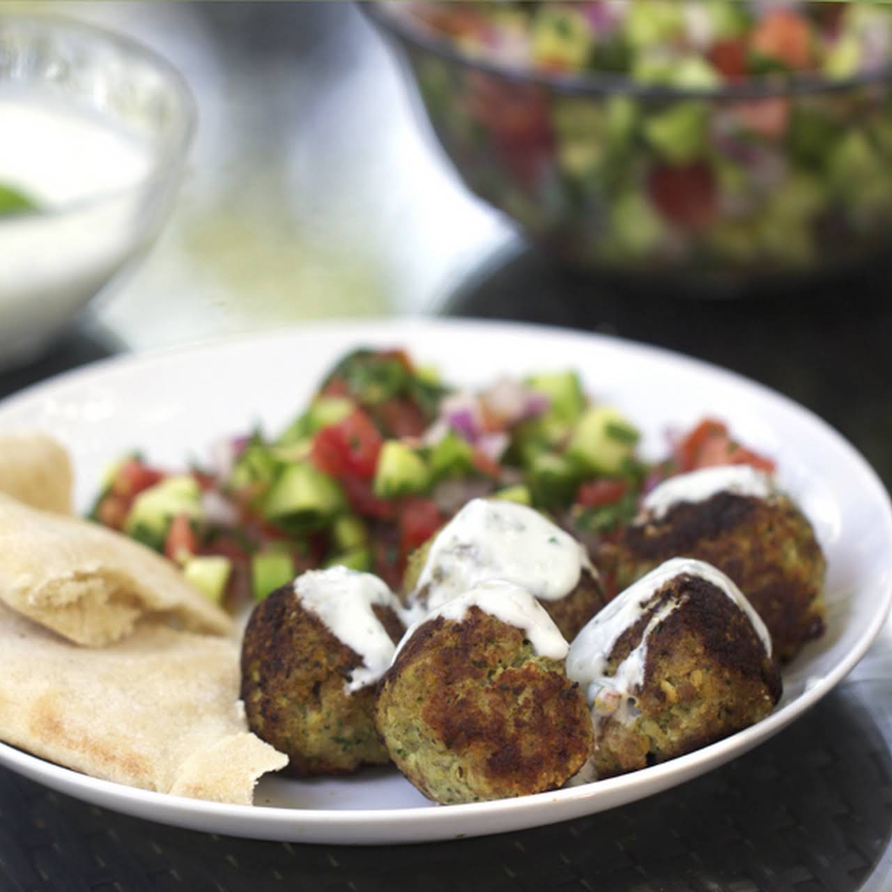 Turkey Falafel Meatballs  in the manner of Lemon Yogurt Sauce