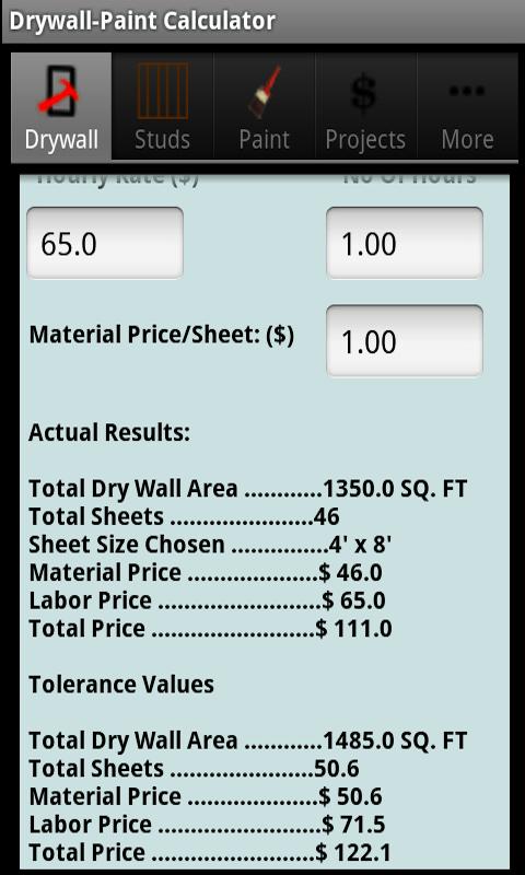 Drywall Calculators Screen 2