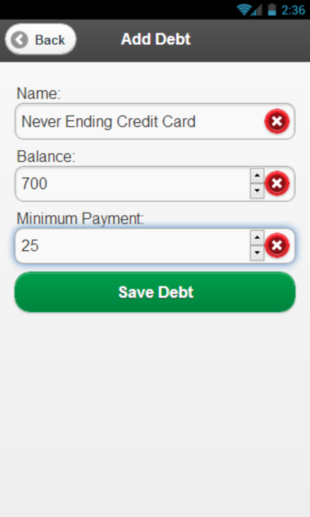 Simple Debt Snowball (Debt) Screen 2