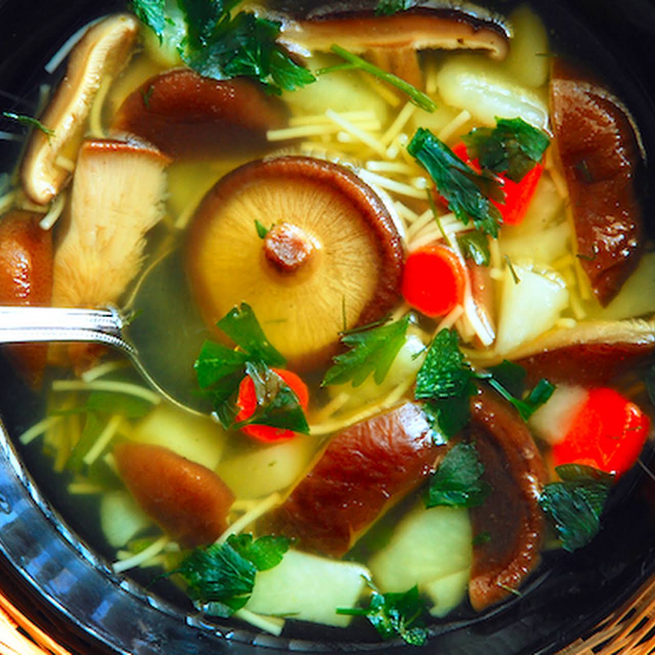 Asian Noodle Soup  next Baby Bok Choy and Mushrooms