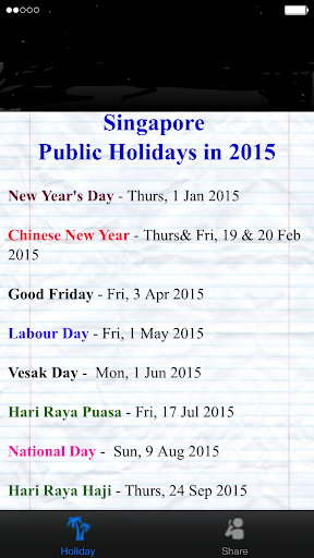 SG Public Holidays 2015