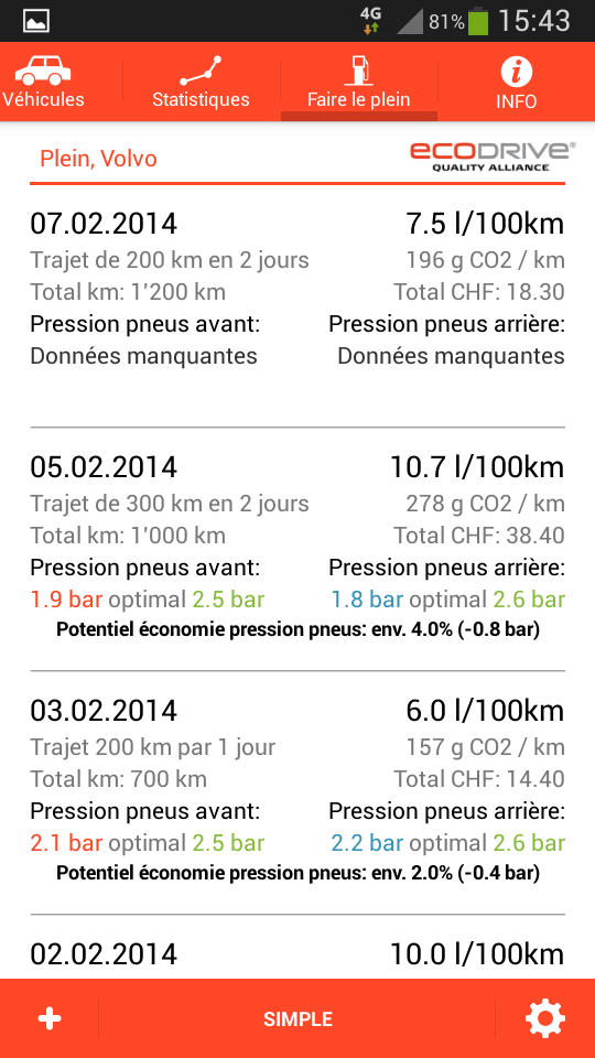 Android application Treibstoffverbrauch screenshort