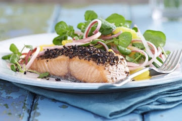 Lightly smoked salmon with orange & rhubarb salad