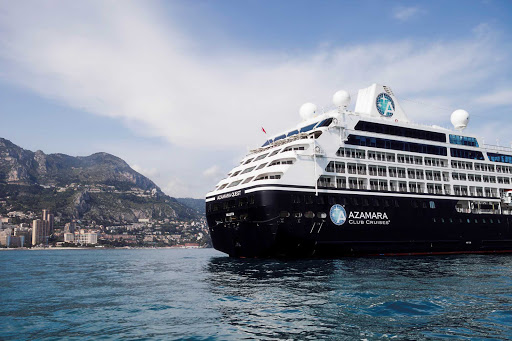 Azamara Quest moors off Monte Carlo. After a big, beautiful blue whale sailing, passengers hop off for fun on shore.